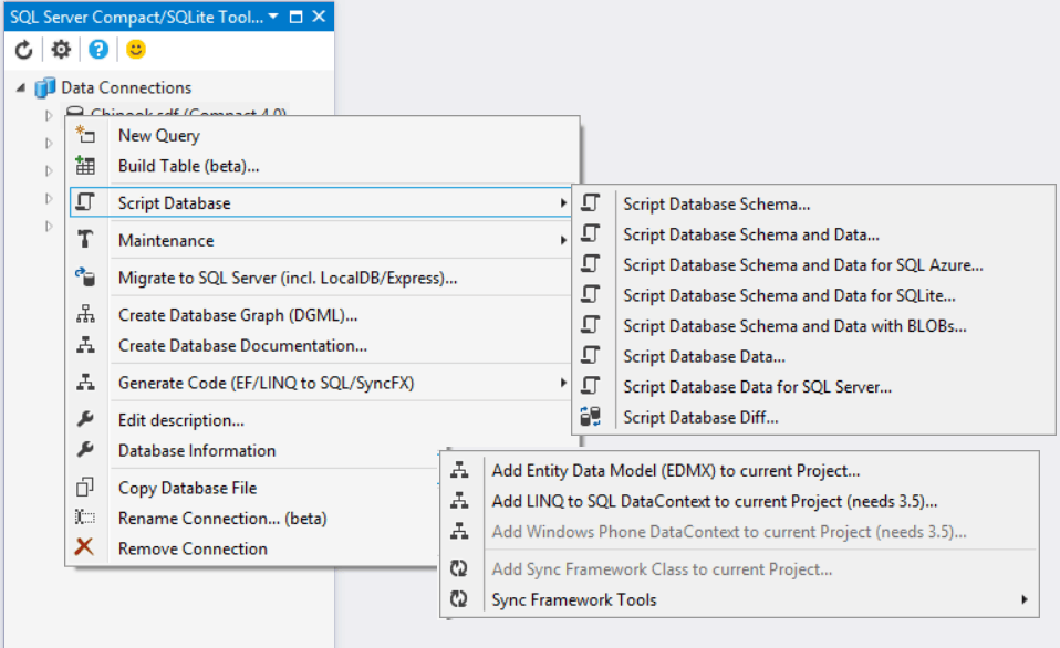 Visual Studio 2019 extensions SQLite/SQL Server Compact Toolbox