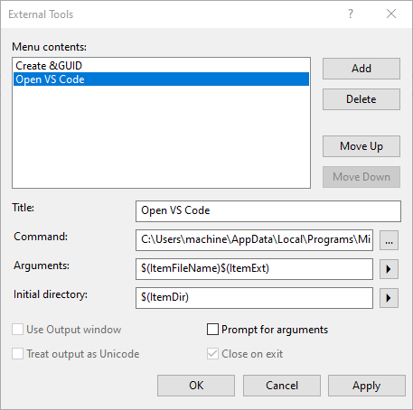 Open VS Code from Visual Studio 2019