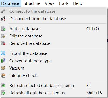 SQLite Studio Database menu