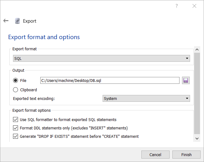 SQLite Studio export database form