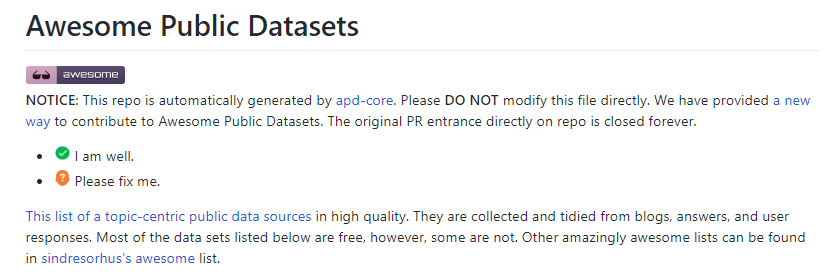Datasets for Machine Learning - Free to use 5 Datasets for Machine : Github Aswesome Public datasets