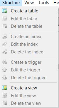 SQLite Studio Structure Menu