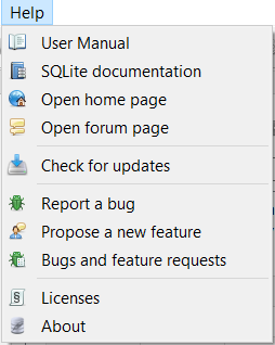 SQLite Studio Help Menu