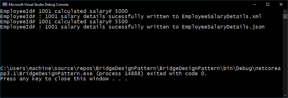 Bridge Design Pattern in C# 2 bridge design pattern sample application output