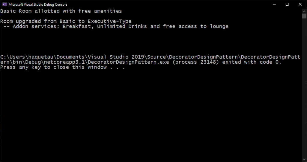 Decorator Design Pattern in C# 2 decorator design pattern csharp application output