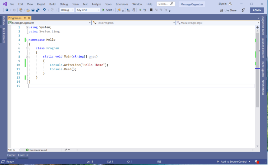 Visual Studio 2019 Themes, Visual Studio 2019 Blue Theme