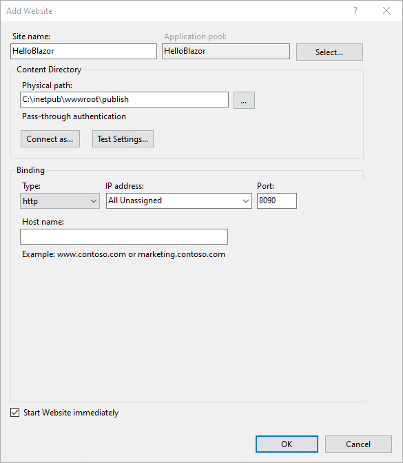 How to publish a Blazor Server Application to IIS 12 Publish a Blazor Server Application to IIS - Website details