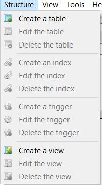 SQLite Studio Structure Menu