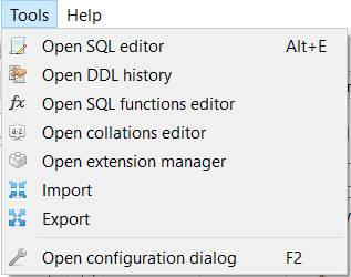 SQLite Studio Tools Menu