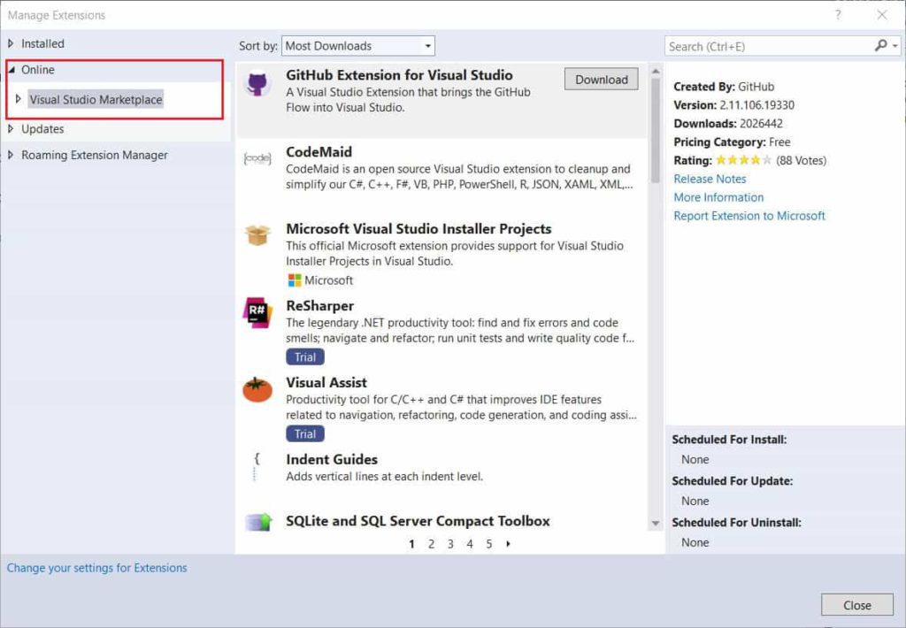 visual studio 2019 extensions dialog